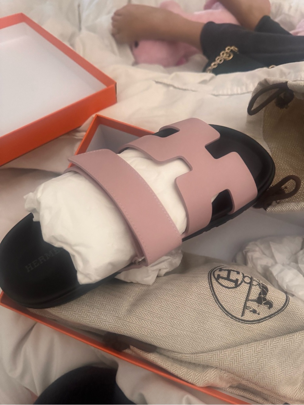 Hermes Pale Pink and Black Slide Sandals - Picture 2 of 7